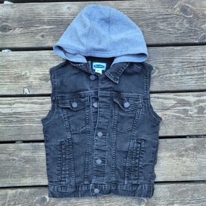 Old Navy Black Denim Vest with Gray Hood